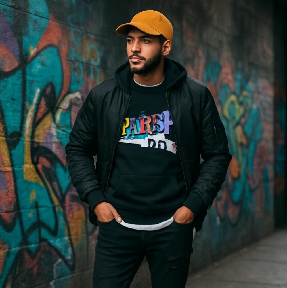 Parish Nation Black Graphic Crewneck Fleece Sweater Rn#138140 XL